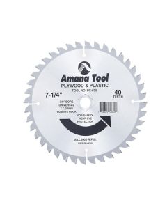 Amana Tool PC-620 Circular Saw Blade, 7-1/4 in Dia, 5/8 in Bore, 40-Teeth, Carbide Tip Cutting Edge