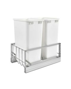 Rev-A-Shelf 5349 Bottom Mount Soft-Close Waste Pullout | Double 50 qt | 14-13/16" W x 22-1/8" D x 22-15/16" H | Aluminum Frame & White Bins | 5349-2150DM-2-12